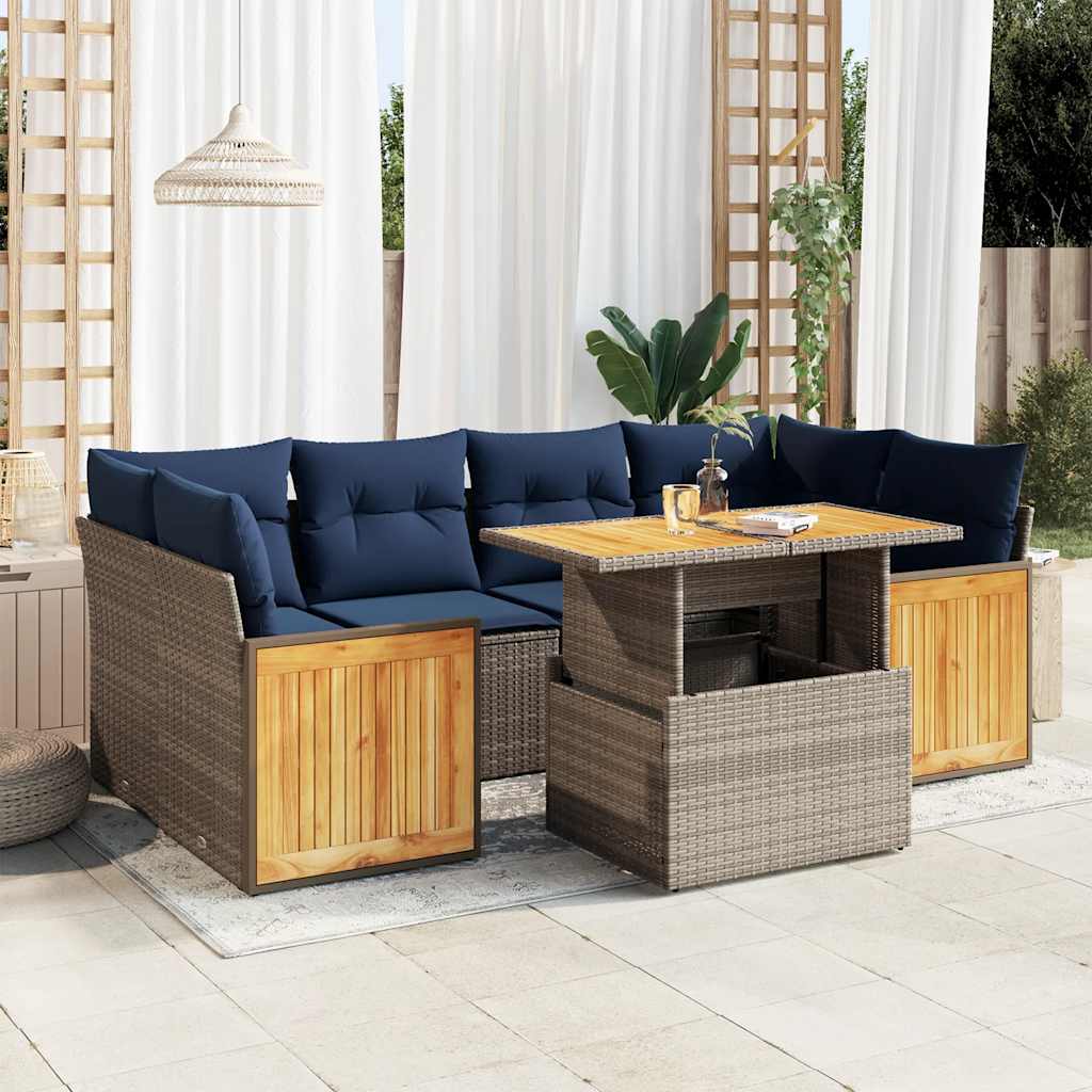 7-tlg. Garten-Sofagarnitur mit Kissen Schwarz Poly Rattan