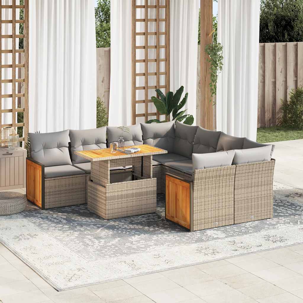 9-tlg. Garten-Sofagarnitur mit Kissen Schwarz Poly Rattan