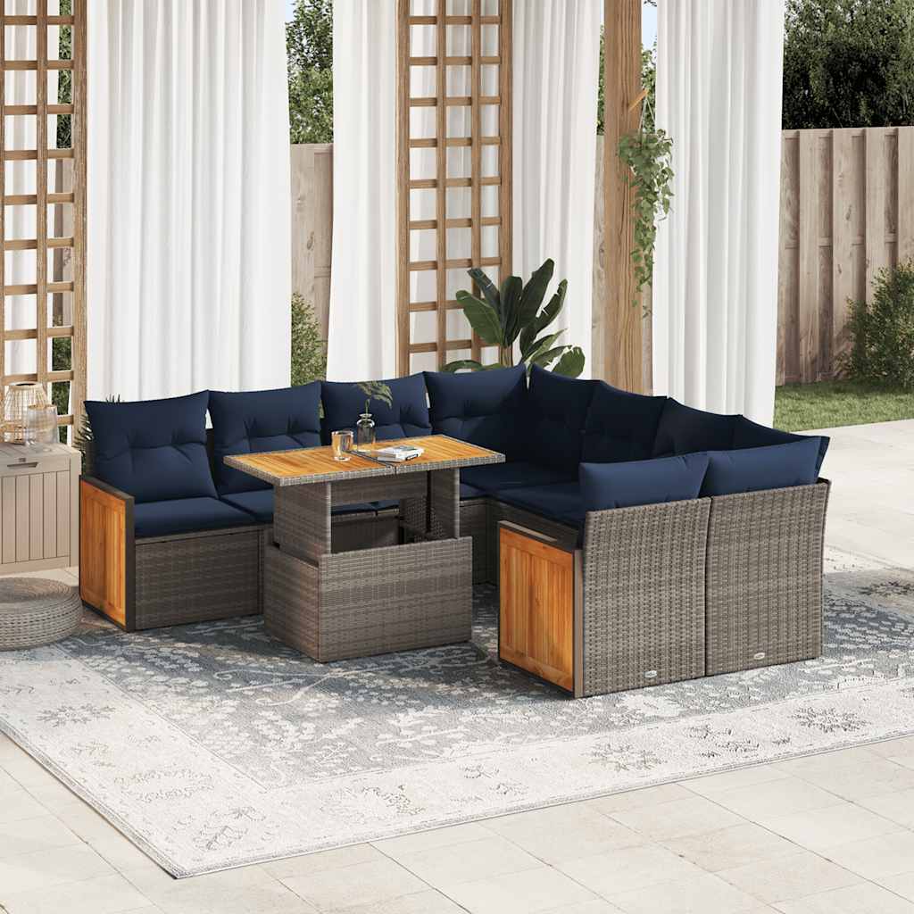 9-tlg. Garten-Sofagarnitur mit Kissen Schwarz Poly Rattan