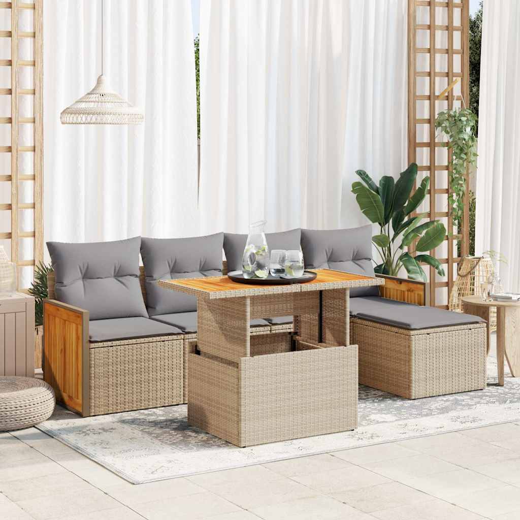 6-tlg. Garten-Sofagarnitur mit Kissen Schwarz Poly Rattan