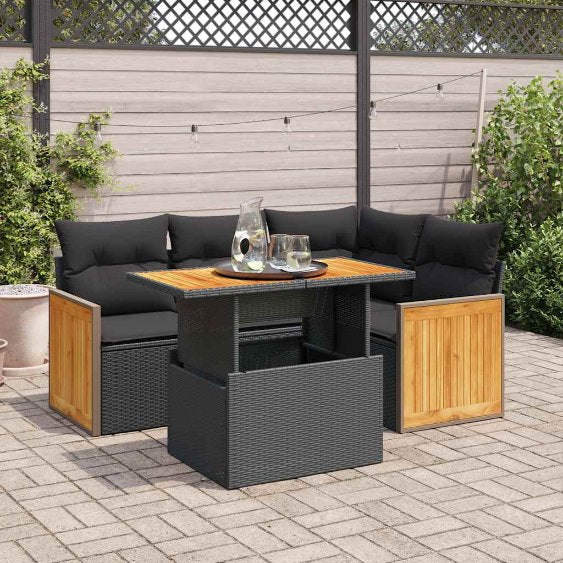 5-tlg. Garten-Sofagarnitur mit Kissen Schwarz Poly Rattan