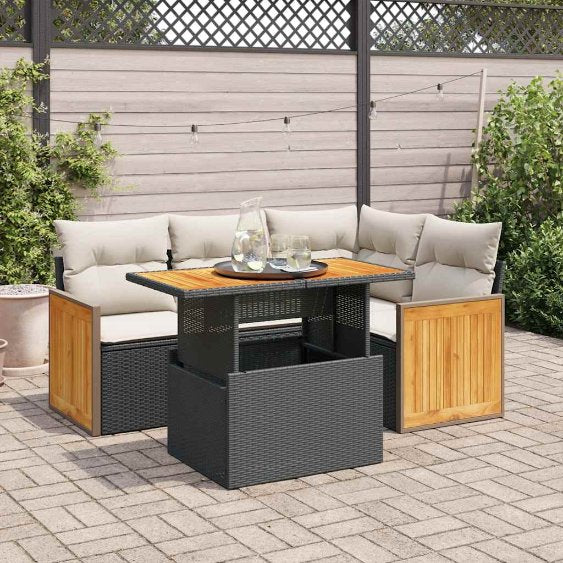 5-tlg. Garten-Sofagarnitur mit Kissen Schwarz Poly Rattan