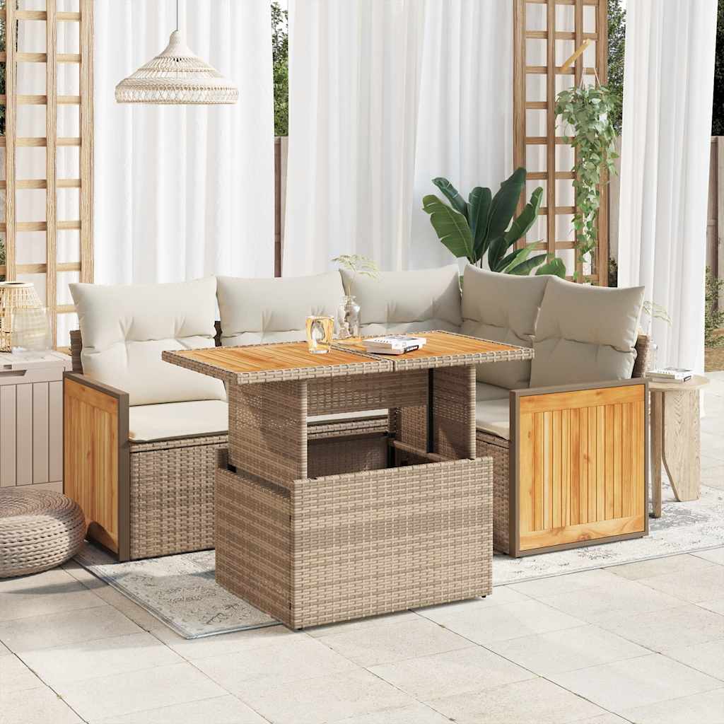 5-tlg. Garten-Sofagarnitur mit Kissen Schwarz Poly Rattan