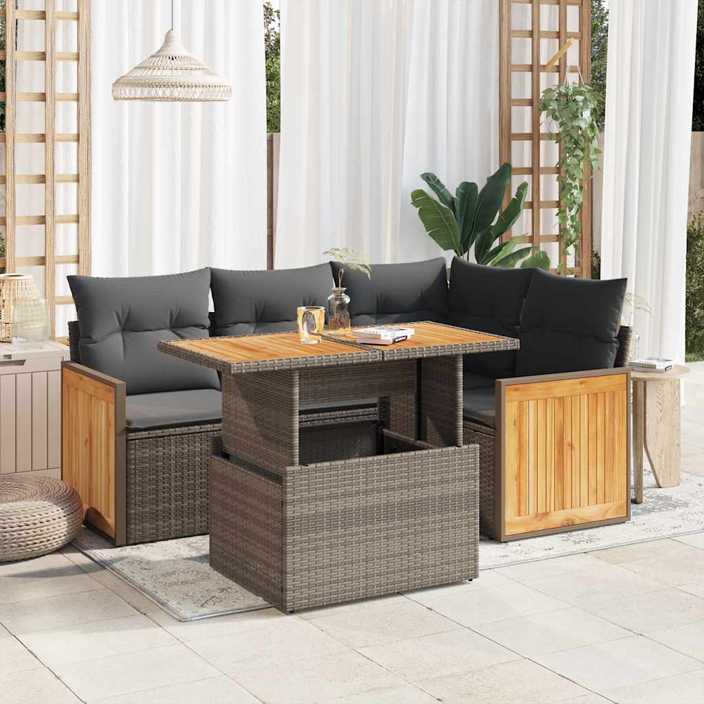5-tlg. Garten-Sofagarnitur mit Kissen Schwarz Poly Rattan