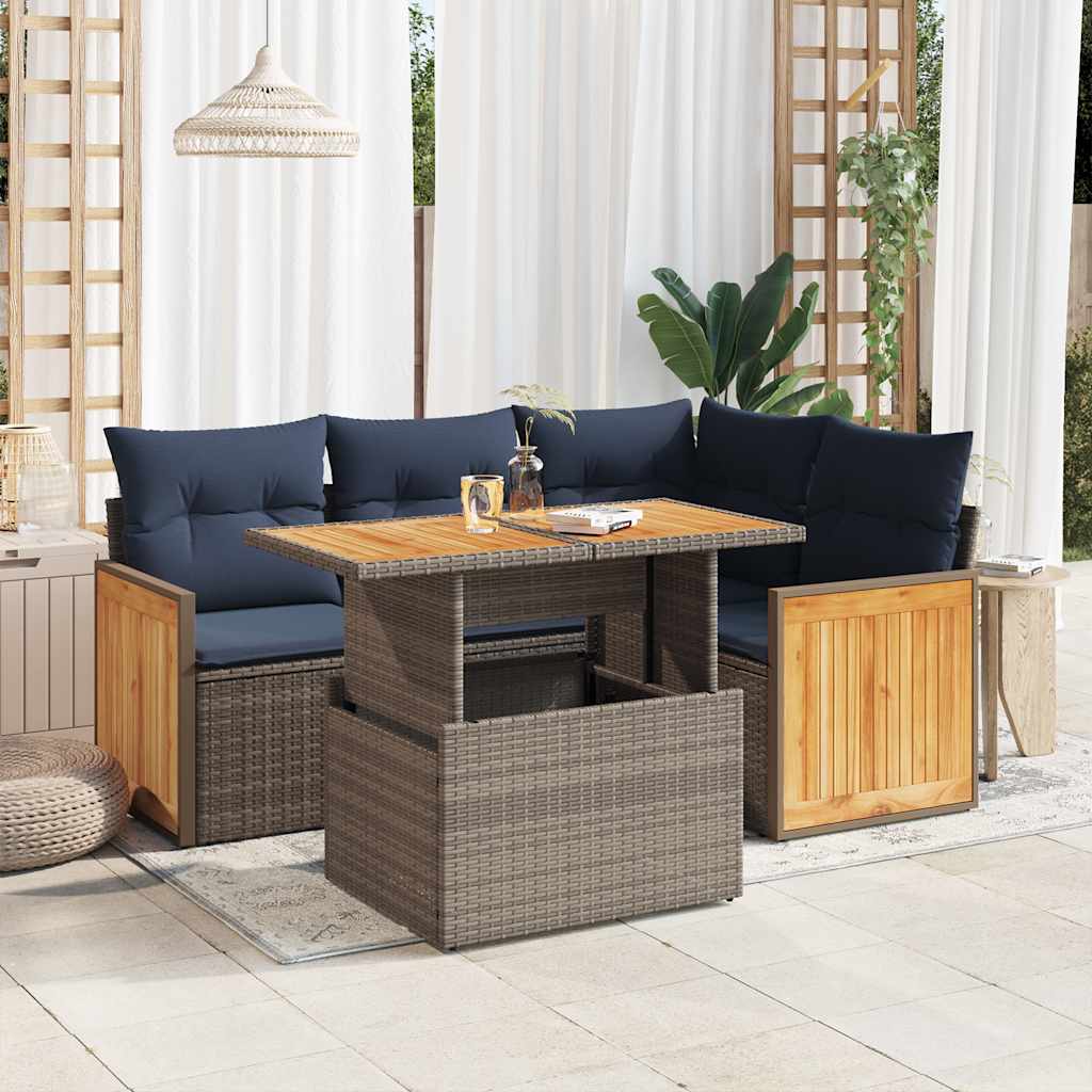 5-tlg. Garten-Sofagarnitur mit Kissen Schwarz Poly Rattan