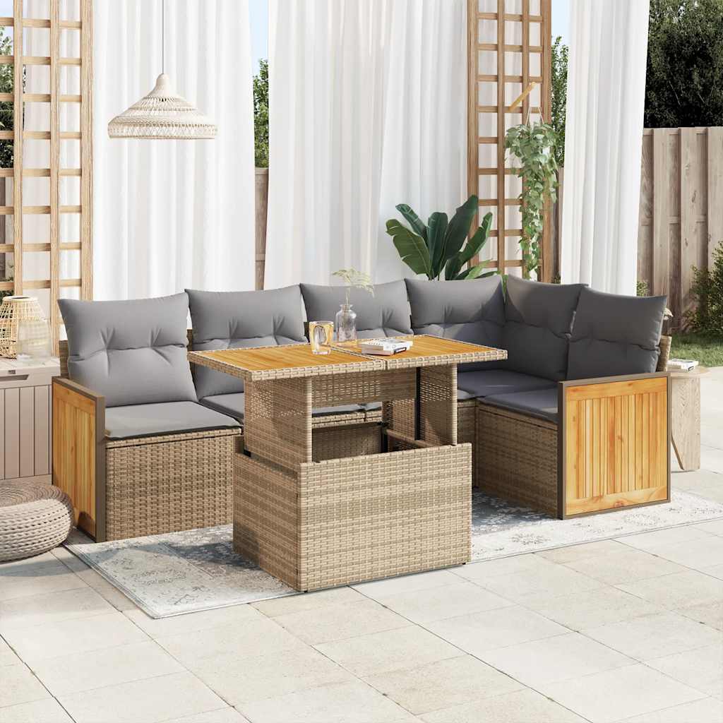 6-tlg. Garten-Sofagarnitur mit Kissen Schwarz Poly Rattan