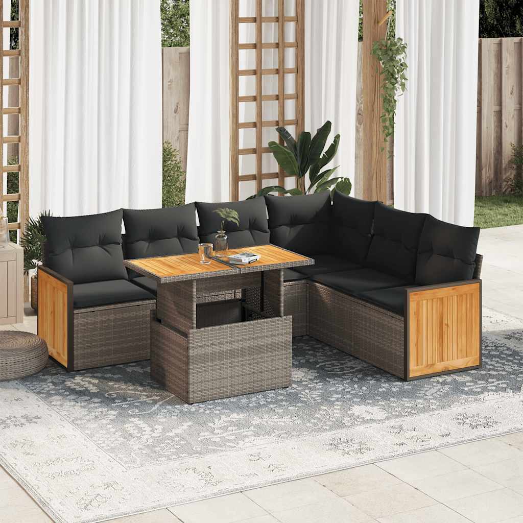 7-tlg. Garten-Sofagarnitur mit Kissen Schwarz Poly Rattan