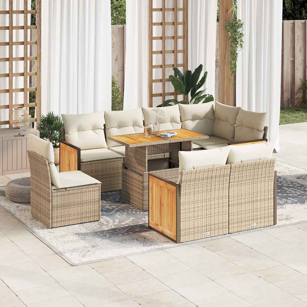 9-tlg. Garten-Sofagarnitur mit Kissen Schwarz Poly Rattan