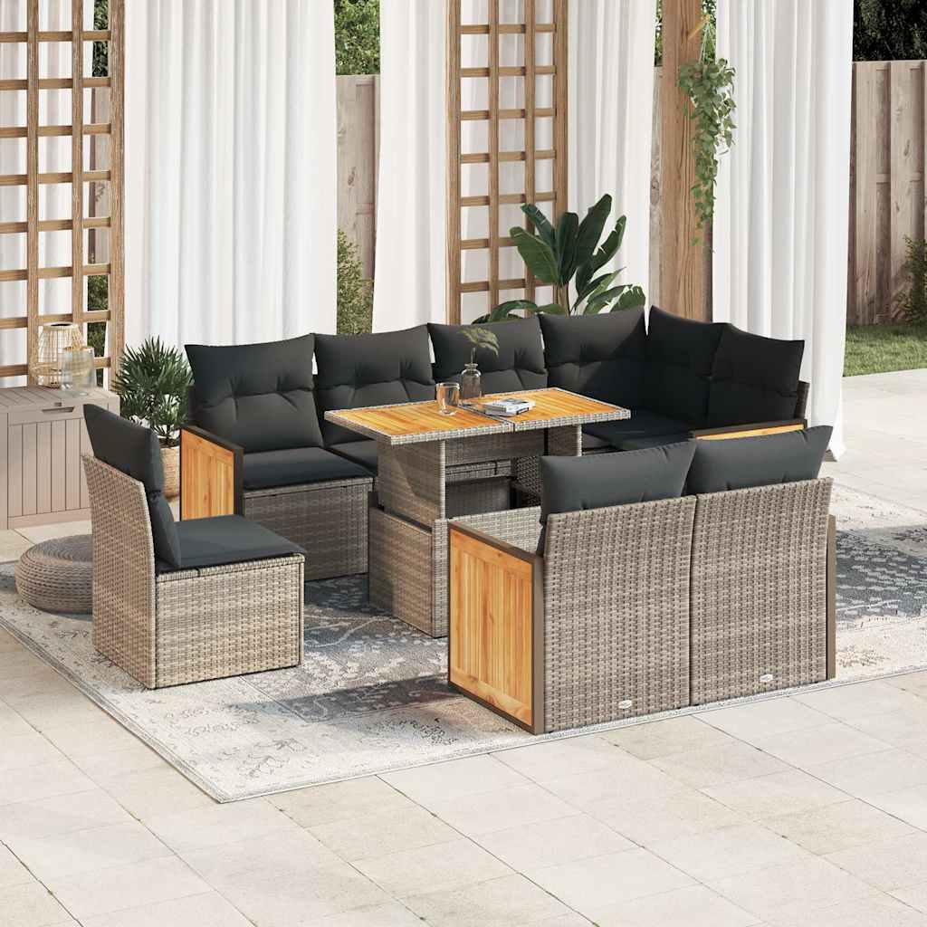 9-tlg. Garten-Sofagarnitur mit Kissen Schwarz Poly Rattan