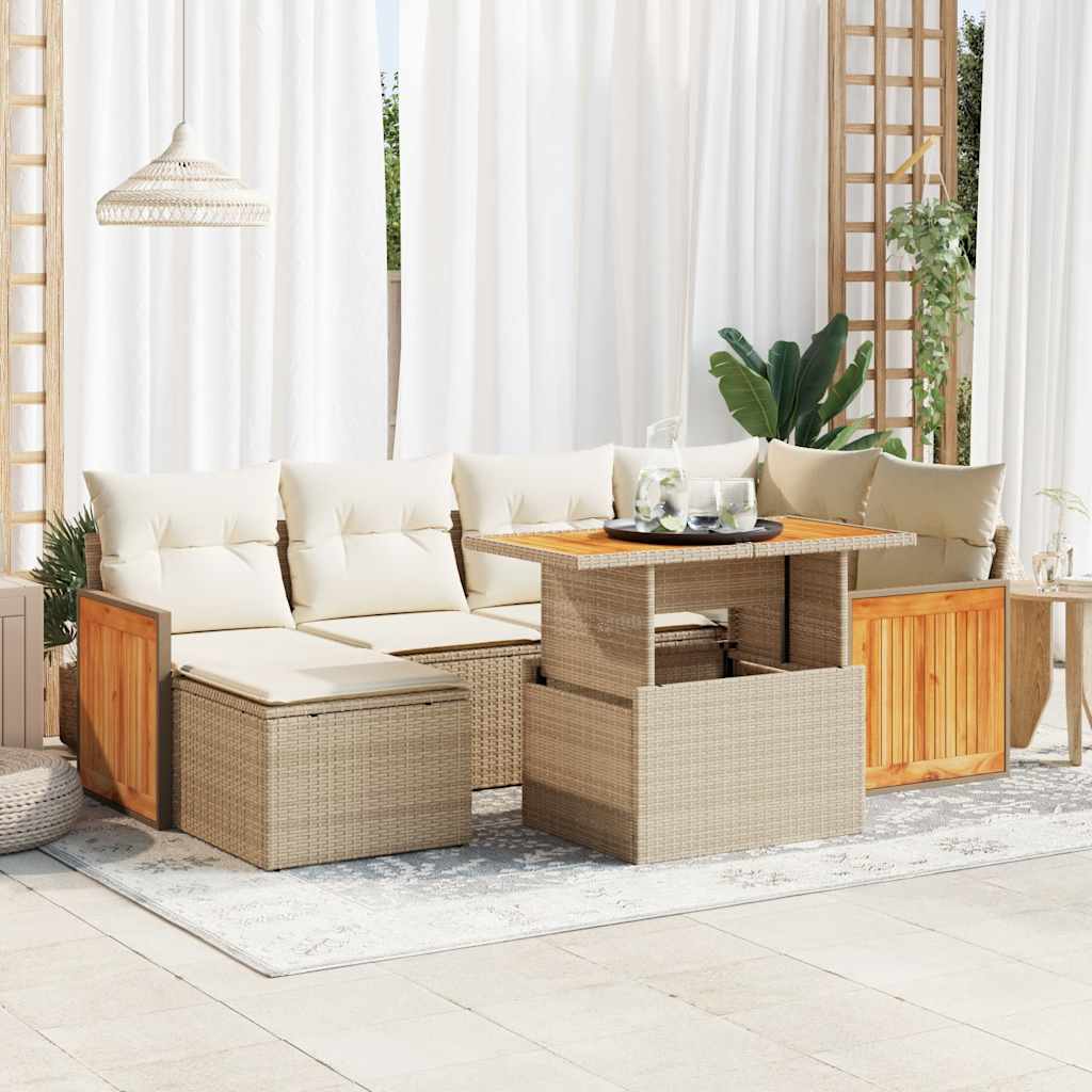 7-tlg. Garten-Sofagarnitur mit Kissen Schwarz Poly Rattan