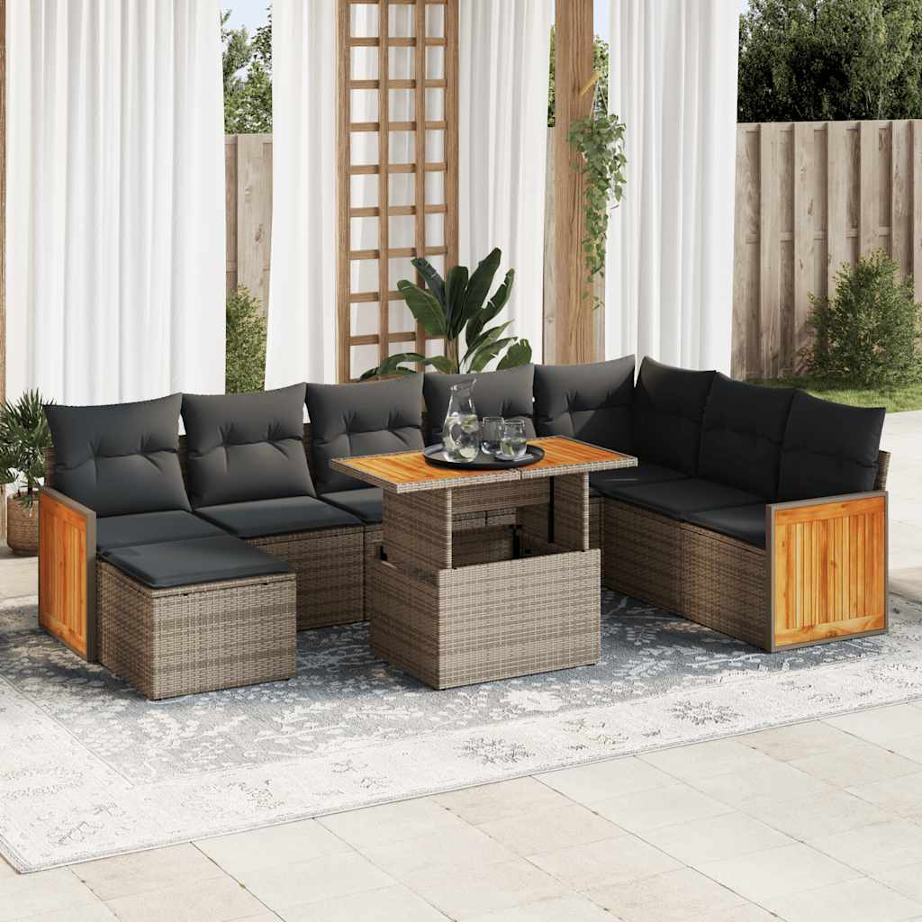 9-tlg. Garten-Sofagarnitur mit Kissen Schwarz Poly Rattan