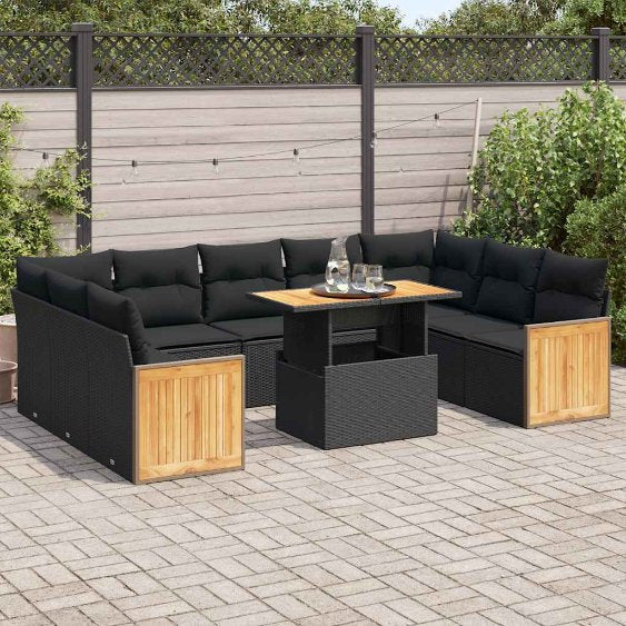 vidaXL 10-tlg. Garten-Sofagarnitur mit Kissen Schwarz Poly Rattan