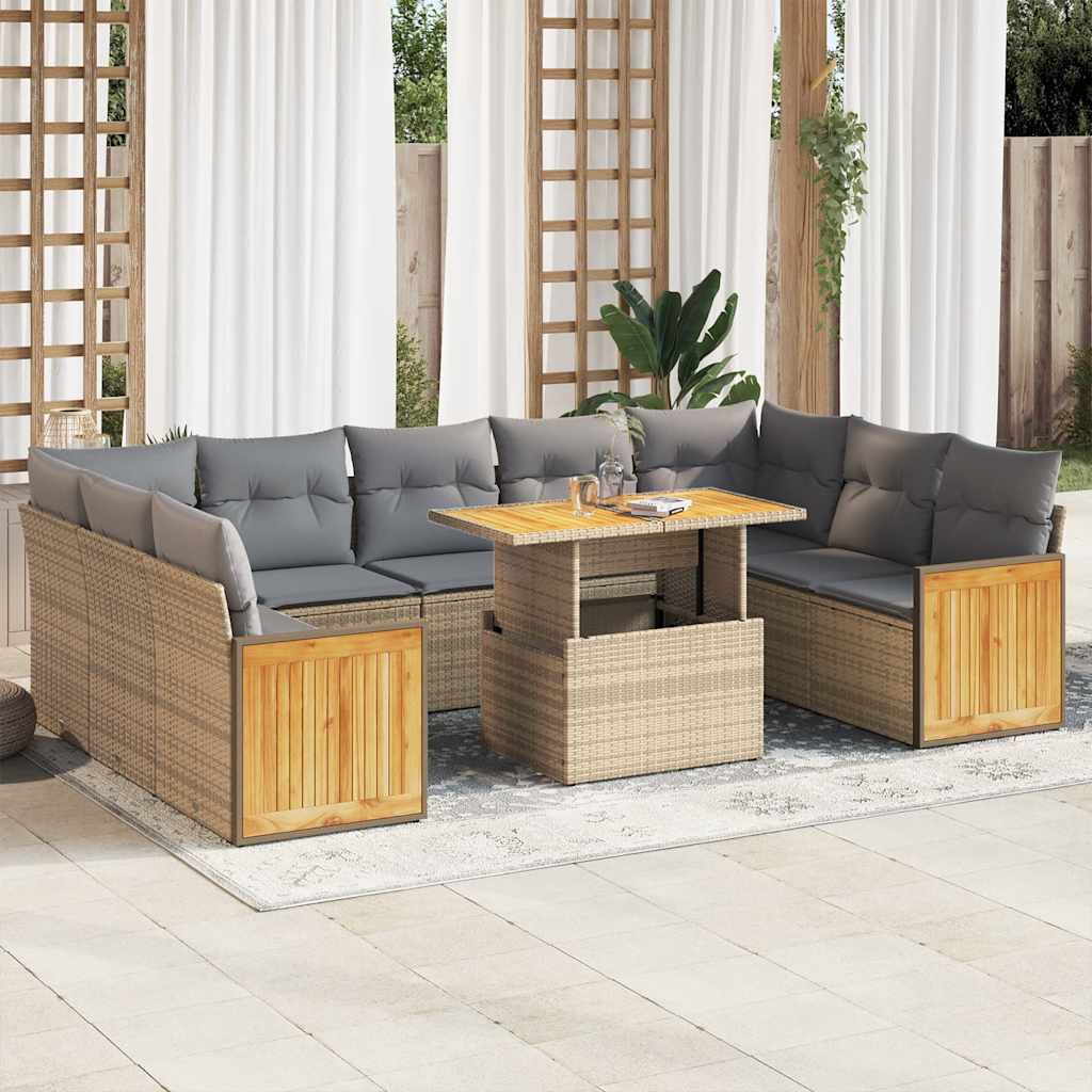 vidaXL 10-tlg. Garten-Sofagarnitur mit Kissen Schwarz Poly Rattan