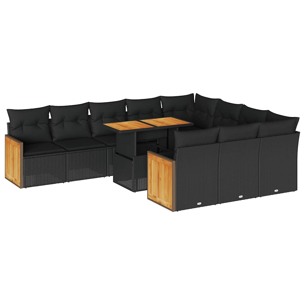 vidaXL 11-tlg. Garten-Sofagarnitur mit Kissen Schwarz Poly Rattan