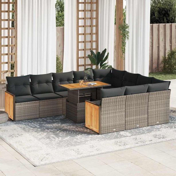 vidaXL 11-tlg. Garten-Sofagarnitur mit Kissen Schwarz Poly Rattan