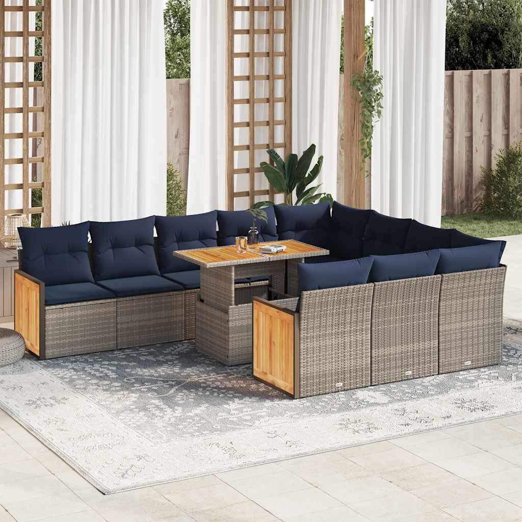 vidaXL 11-tlg. Garten-Sofagarnitur mit Kissen Grau Poly Rattan Akazie