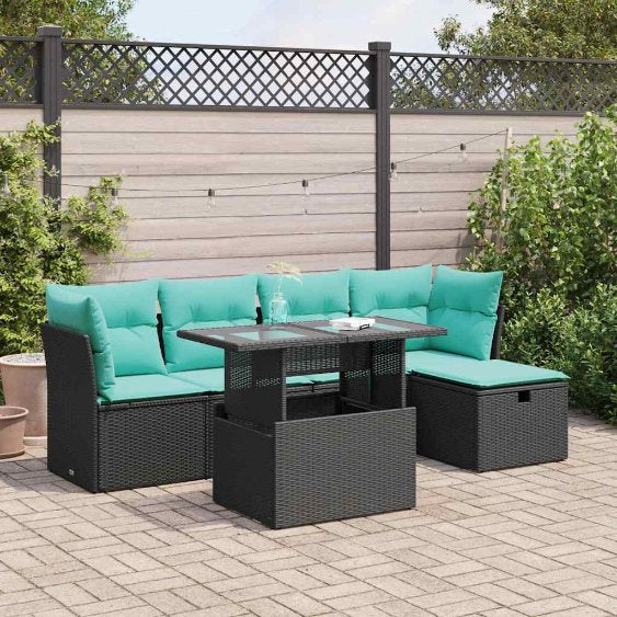 6-teiliges Gartensofa-Set mit Kissen, schwarzes Polyrattan