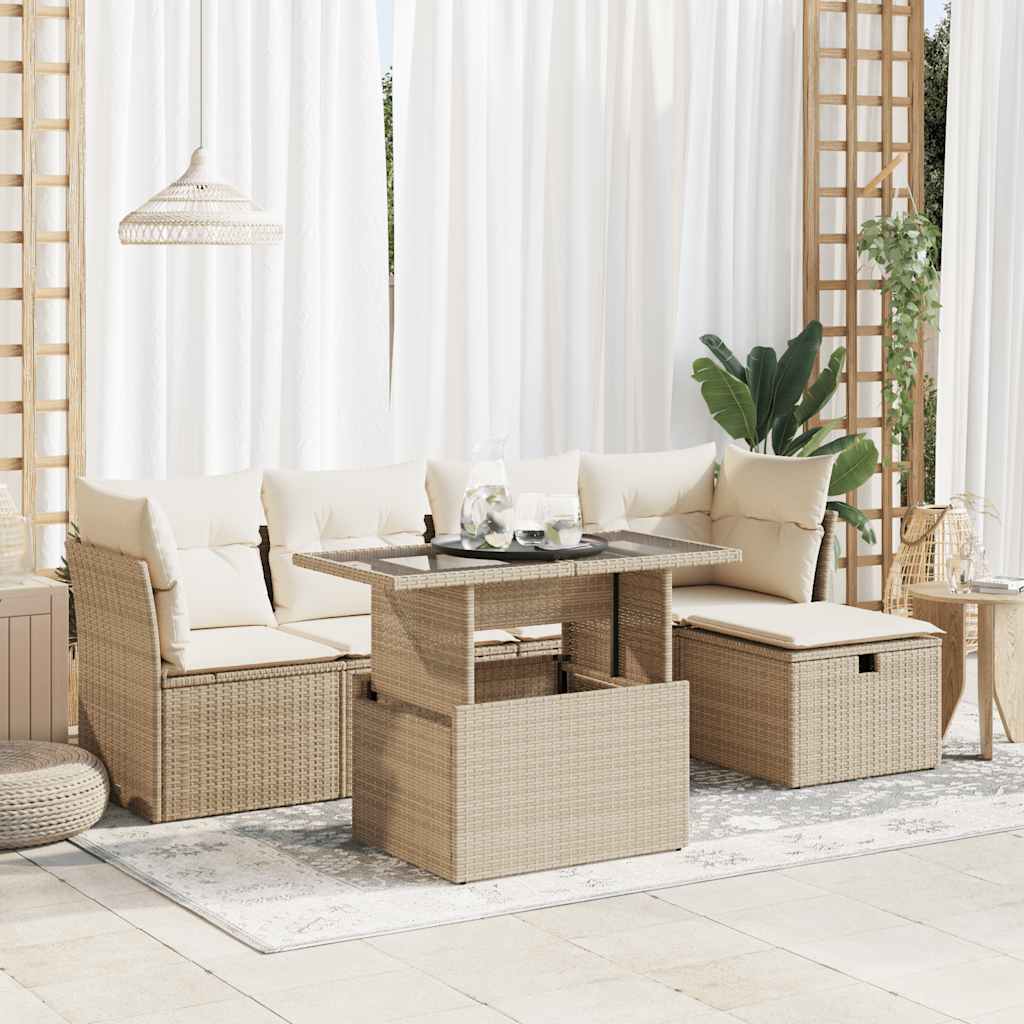 6-tlg. Garten-Sofagarnitur mit Kissen Schwarz Poly Rattan