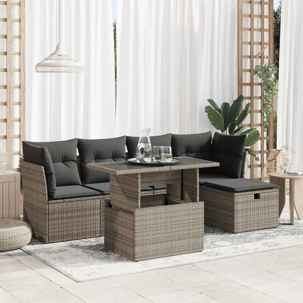 6-tlg. Garten-Sofagarnitur mit Kissen Schwarz Poly Rattan