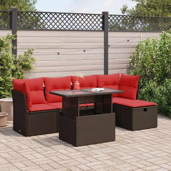 6-teiliges Gartensofa-Set mit Kissen, schwarzes Polyrattan