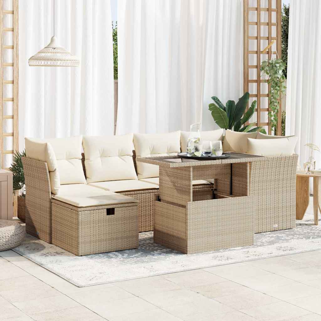7-tlg. Garten-Sofagarnitur mit Kissen Schwarz Poly Rattan