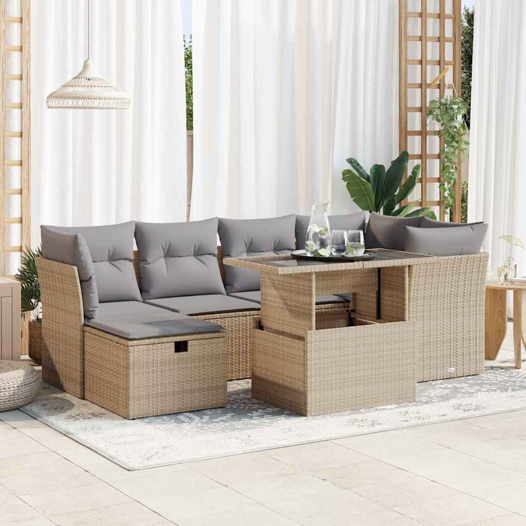 7-tlg. Garten-Sofagarnitur mit Kissen Schwarz Poly Rattan