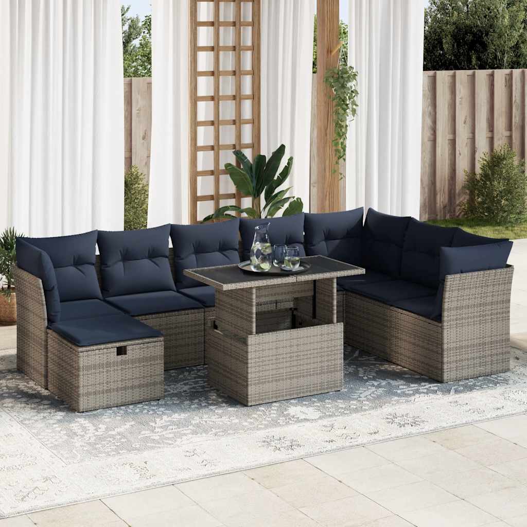 9-teiliges Gartensofa-Set mit Kissen, schwarzes Polyrattan
