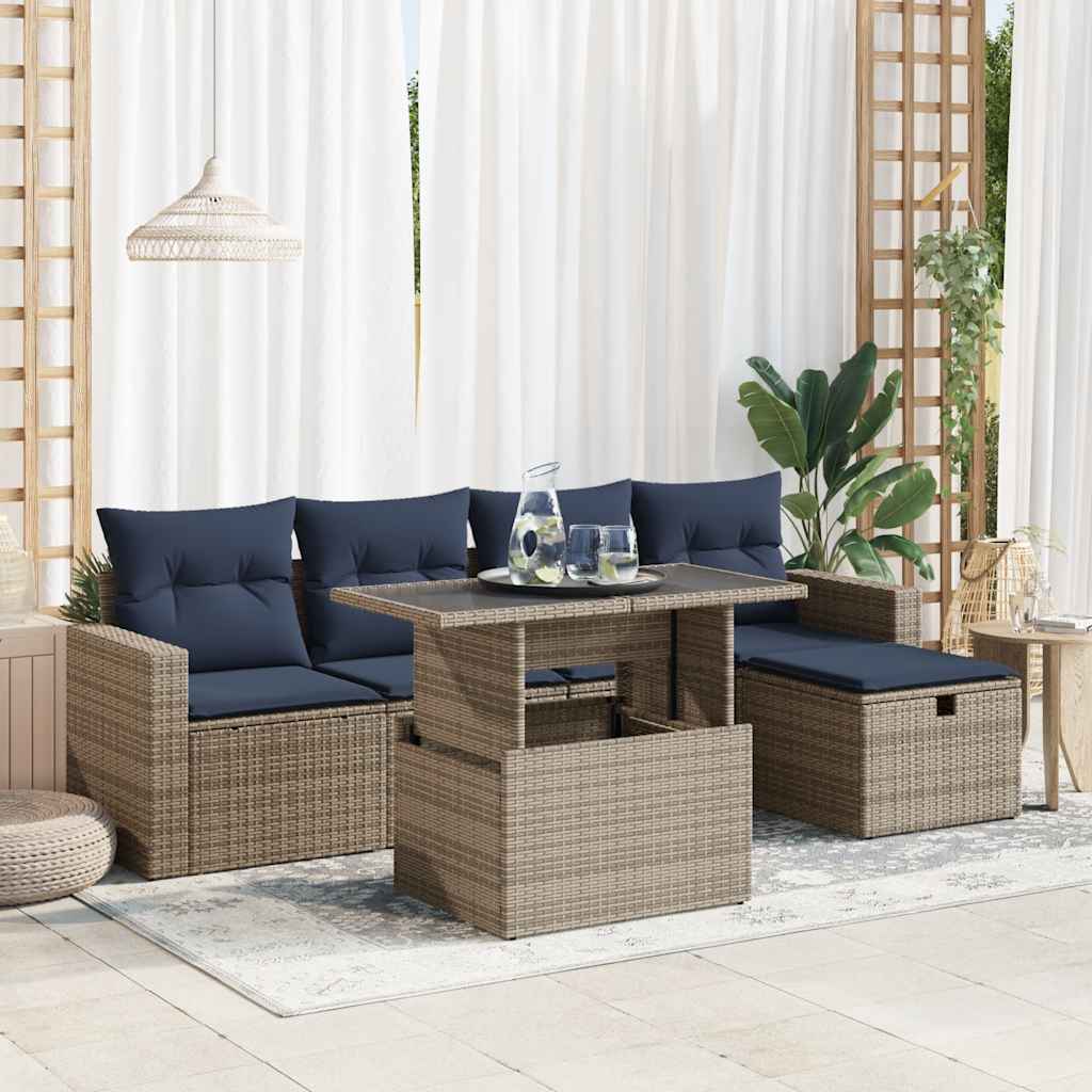 6-teiliges Gartensofa-Set mit Kissen, schwarzes Polyrattan