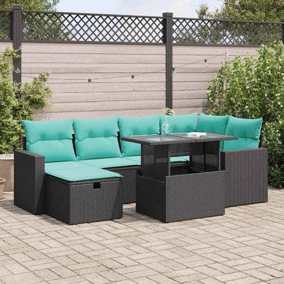 7-teiliges Gartensofa-Set mit Kissen, schwarzes Polyrattan