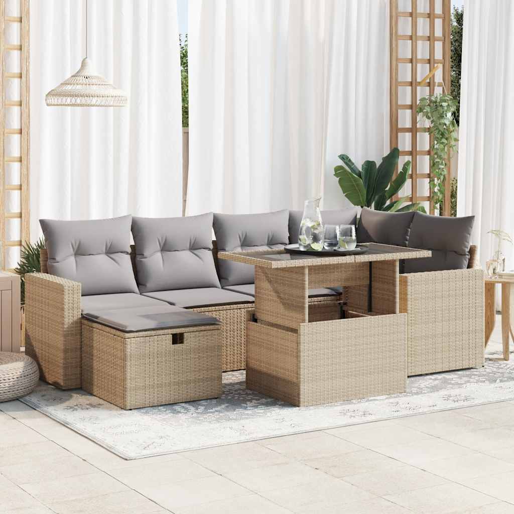 7-tlg. Garten-Sofagarnitur mit Kissen Schwarz Poly Rattan