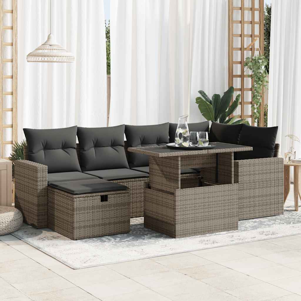 7-tlg. Garten-Sofagarnitur mit Kissen Schwarz Poly Rattan