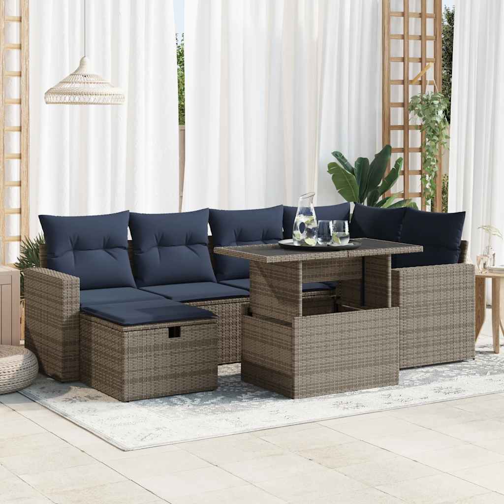 7-teiliges Gartensofa-Set mit Kissen, schwarzes Polyrattan