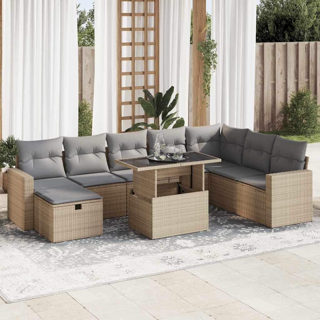 9-tlg. Garten-Sofagarnitur mit Kissen Schwarz Poly Rattan