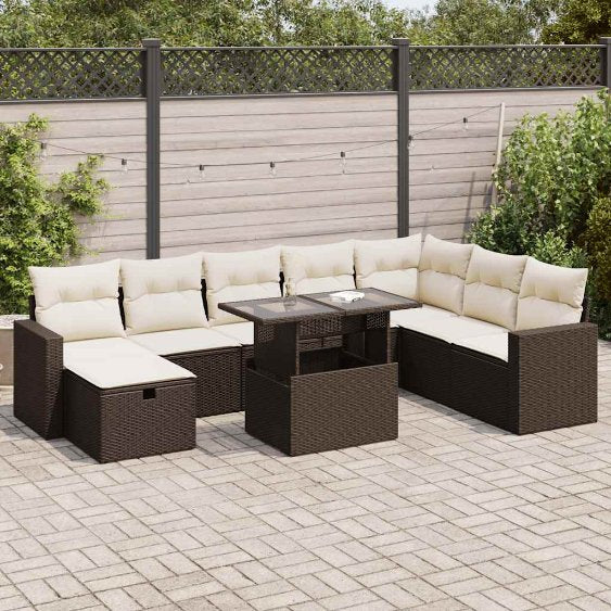 9-tlg. Garten-Sofagarnitur mit Kissen Schwarz Poly Rattan