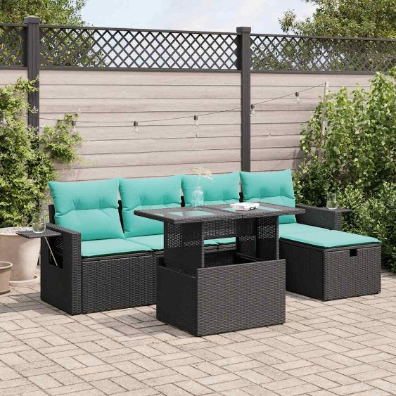6-teiliges Gartensofa-Set mit Kissen, schwarzes Polyrattan