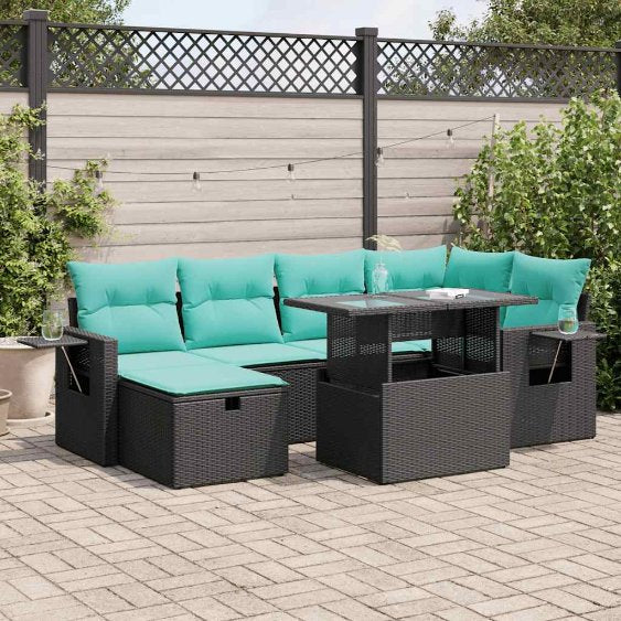 7-teiliges Gartensofa-Set mit Kissen, schwarzes Polyrattan