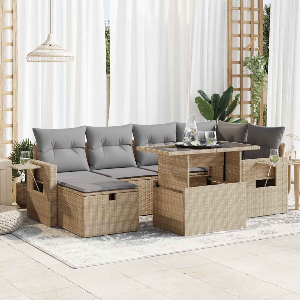 7-tlg. Garten-Sofagarnitur mit Kissen Schwarz Poly Rattan