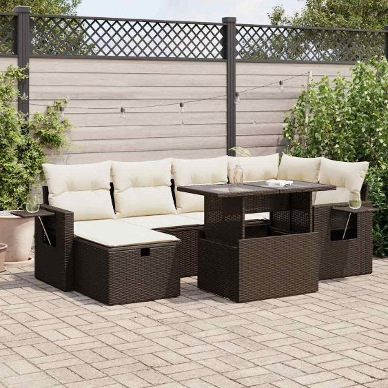 7-tlg. Garten-Sofagarnitur mit Kissen Schwarz Poly Rattan