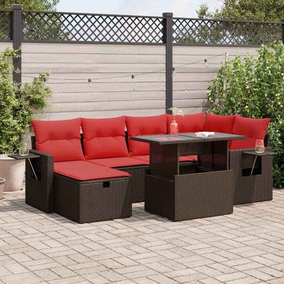 7-teiliges Gartensofa-Set mit Kissen, schwarzes Polyrattan