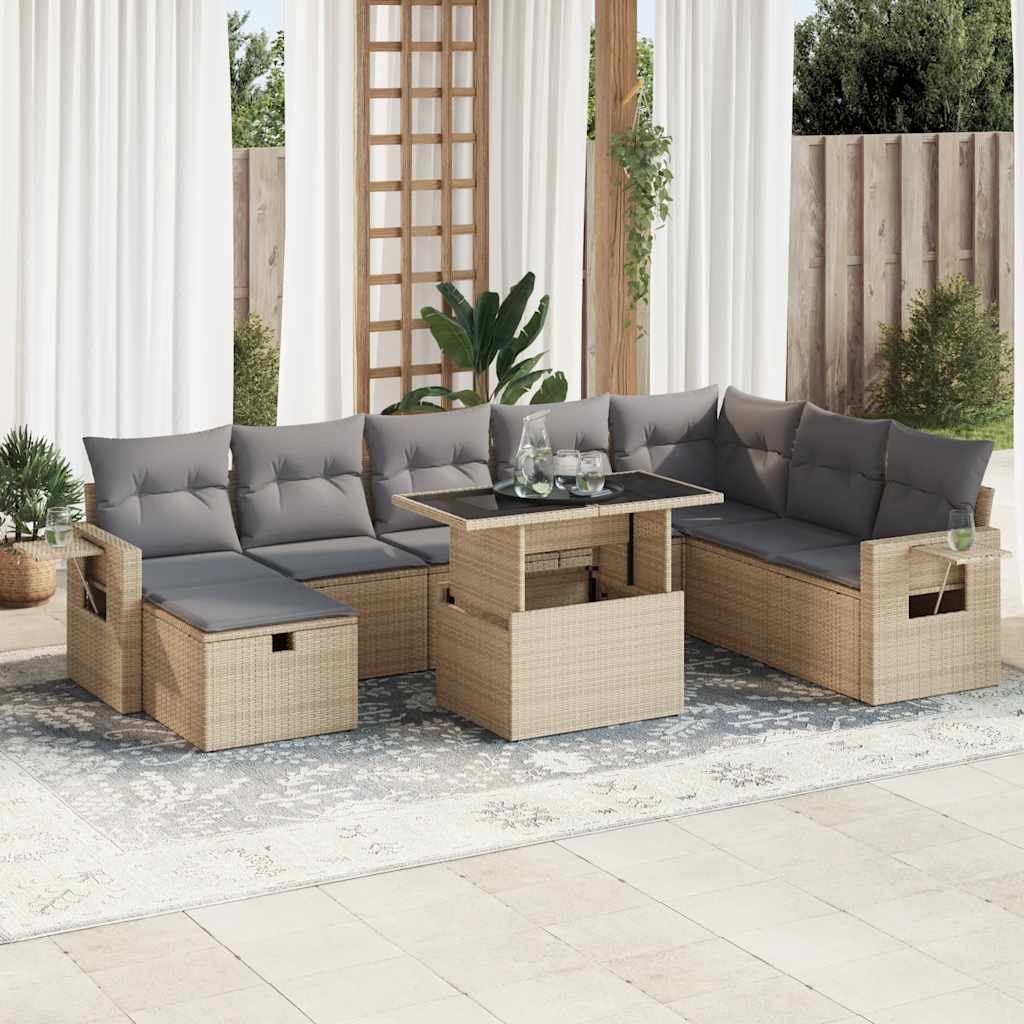 9-tlg. Garten-Sofagarnitur mit Kissen Schwarz Poly Rattan