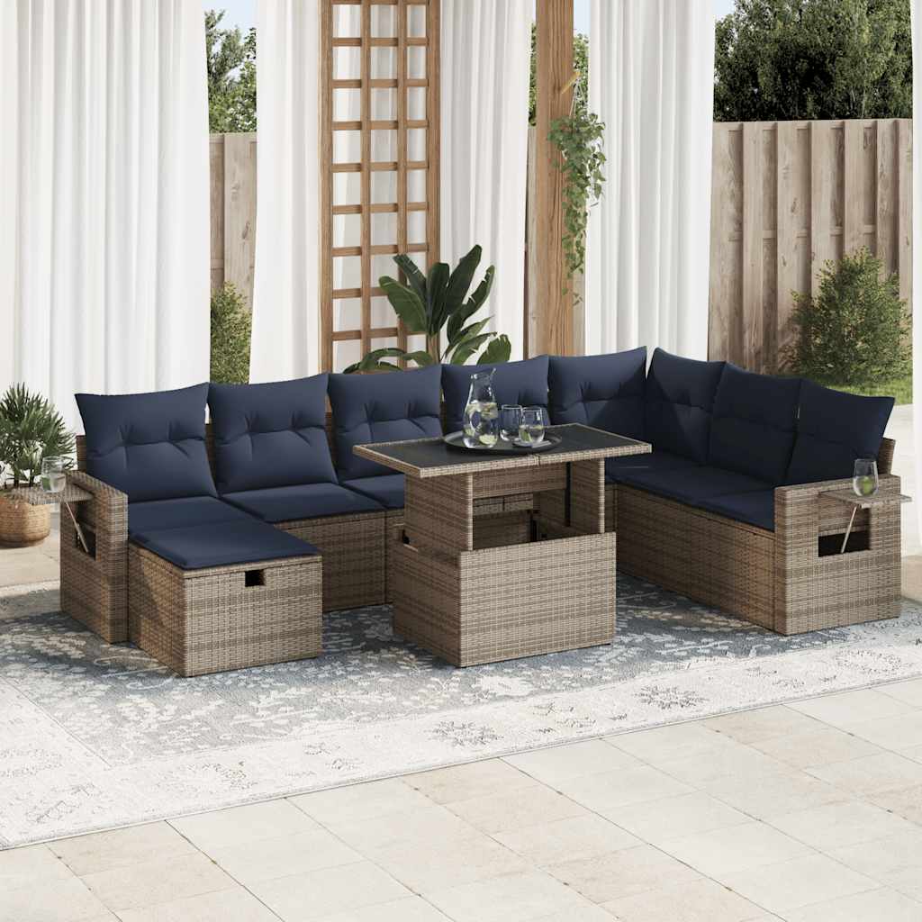 9-teiliges Gartensofa-Set mit Kissen, schwarzes Polyrattan