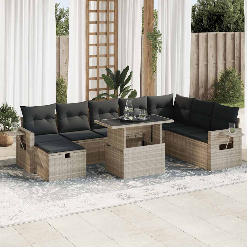9-tlg. Garten-Sofagarnitur mit Kissen Schwarz Poly Rattan