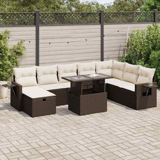 9-tlg. Garten-Sofagarnitur mit Kissen Schwarz Poly Rattan