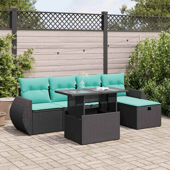 6-teiliges Gartensofa-Set mit Kissen, schwarzes Polyrattan