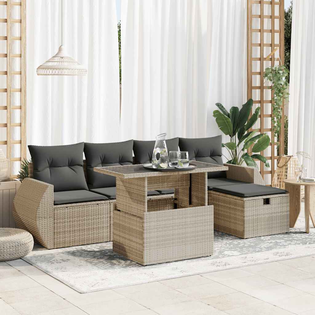 6-tlg. Garten-Sofagarnitur mit Kissen Schwarz Poly Rattan