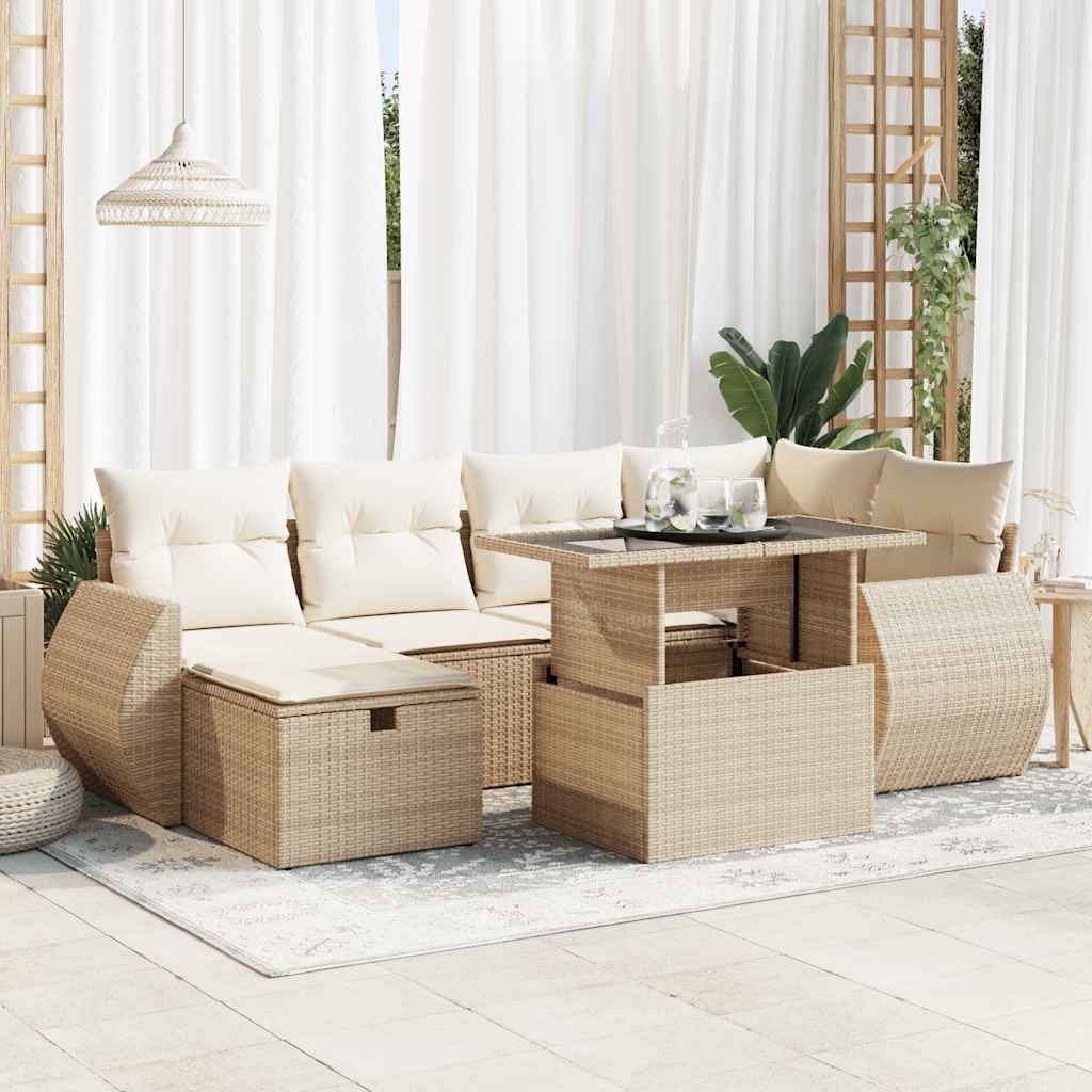 7-tlg. Garten-Sofagarnitur mit Kissen Schwarz Poly Rattan
