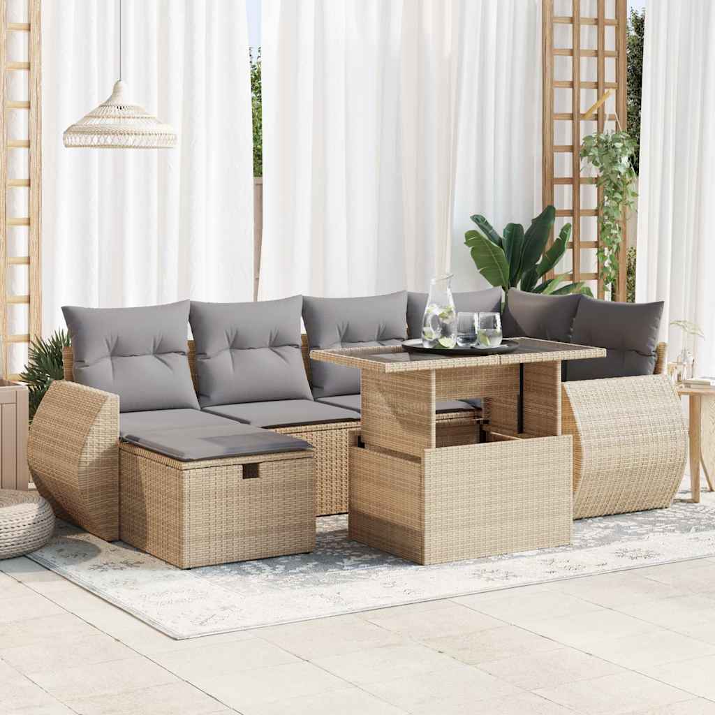 7-tlg. Garten-Sofagarnitur mit Kissen Schwarz Poly Rattan
