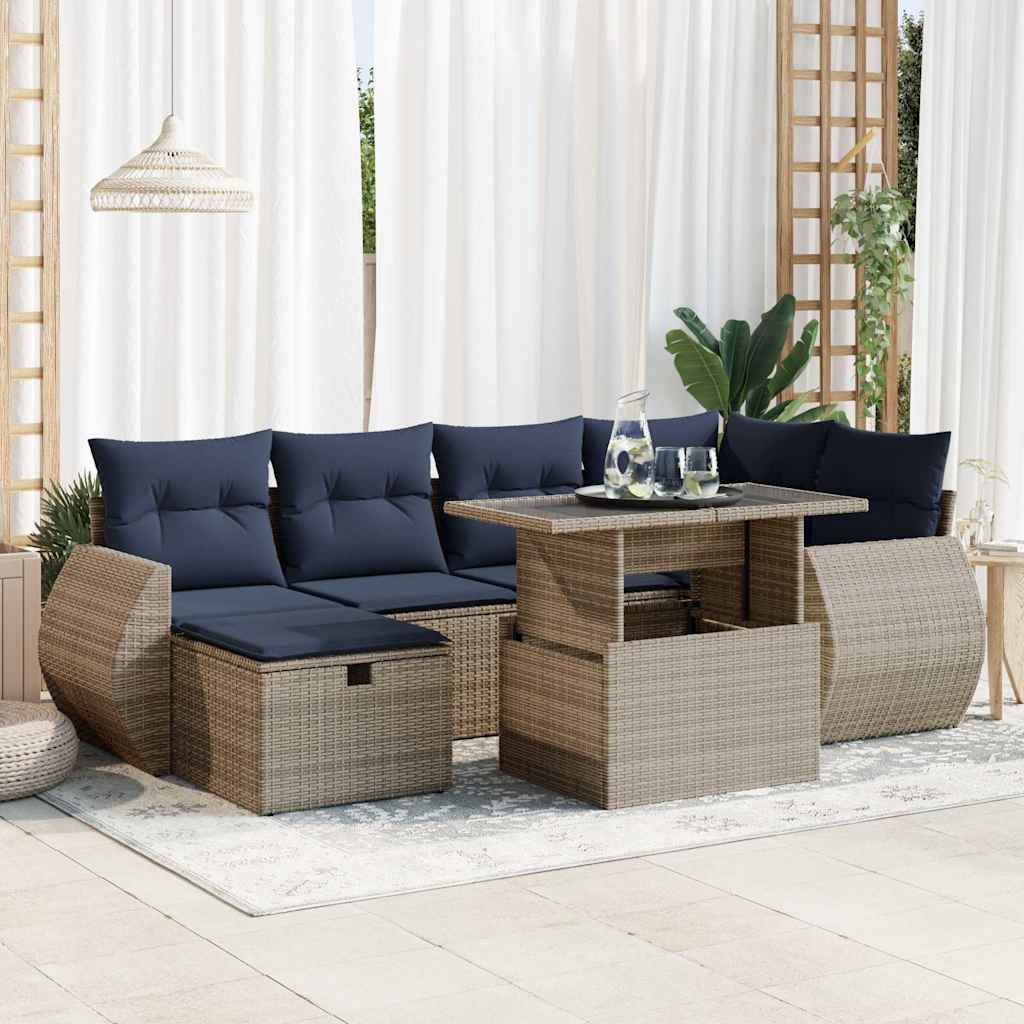 7-teiliges Gartensofa-Set mit Kissen, schwarzes Polyrattan