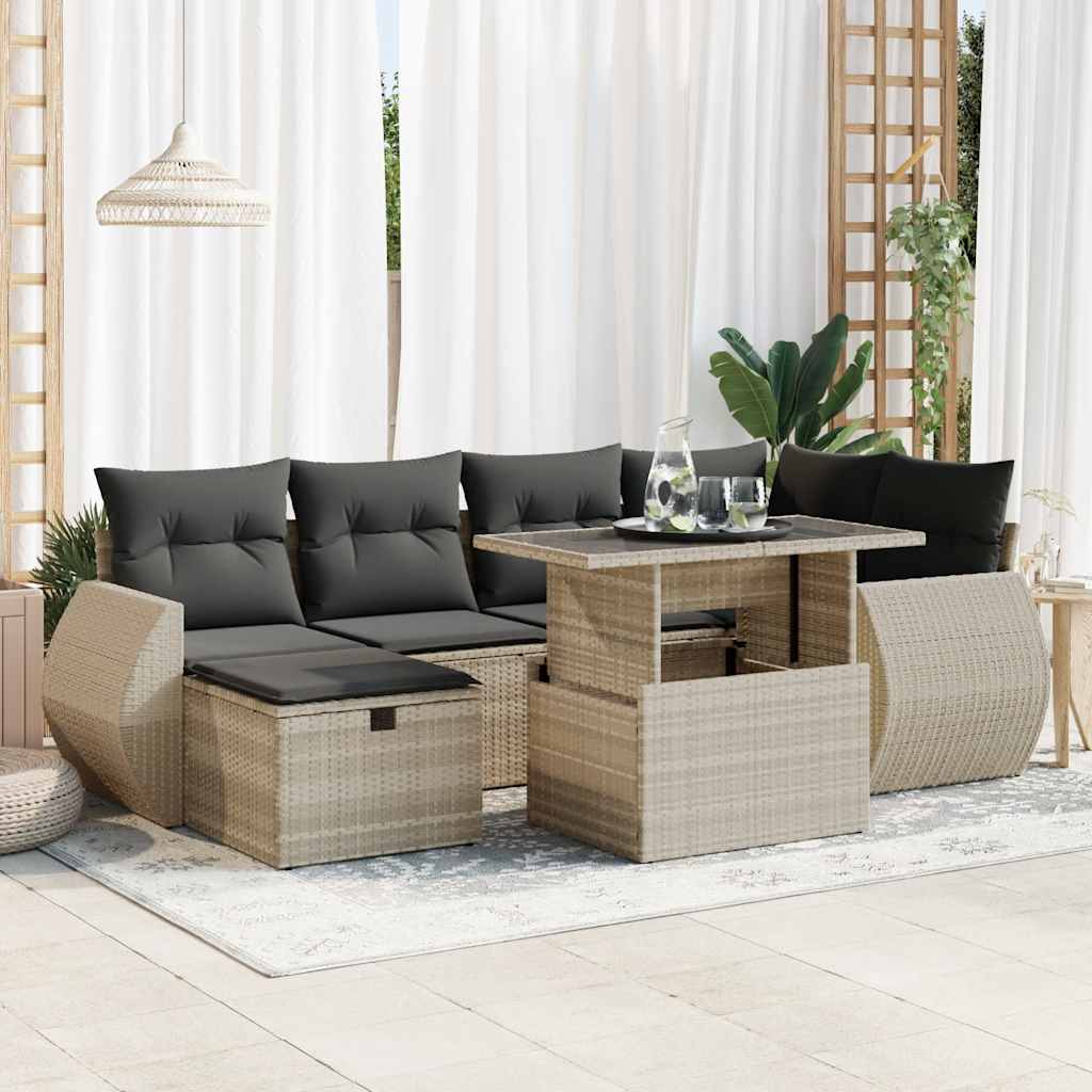 7-tlg. Garten-Sofagarnitur mit Kissen Schwarz Poly Rattan