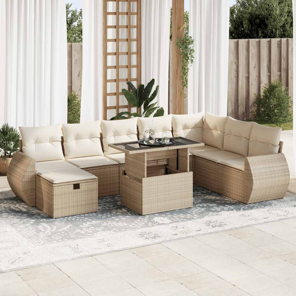 9-tlg. Garten-Sofagarnitur mit Kissen Schwarz Poly Rattan